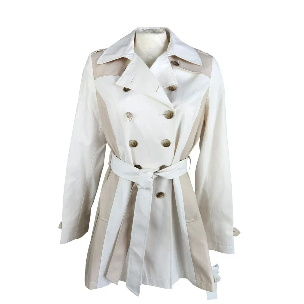 DKNY Women’s White & Tan Colorblock Belted Trench Coat – Size Large – NWOT